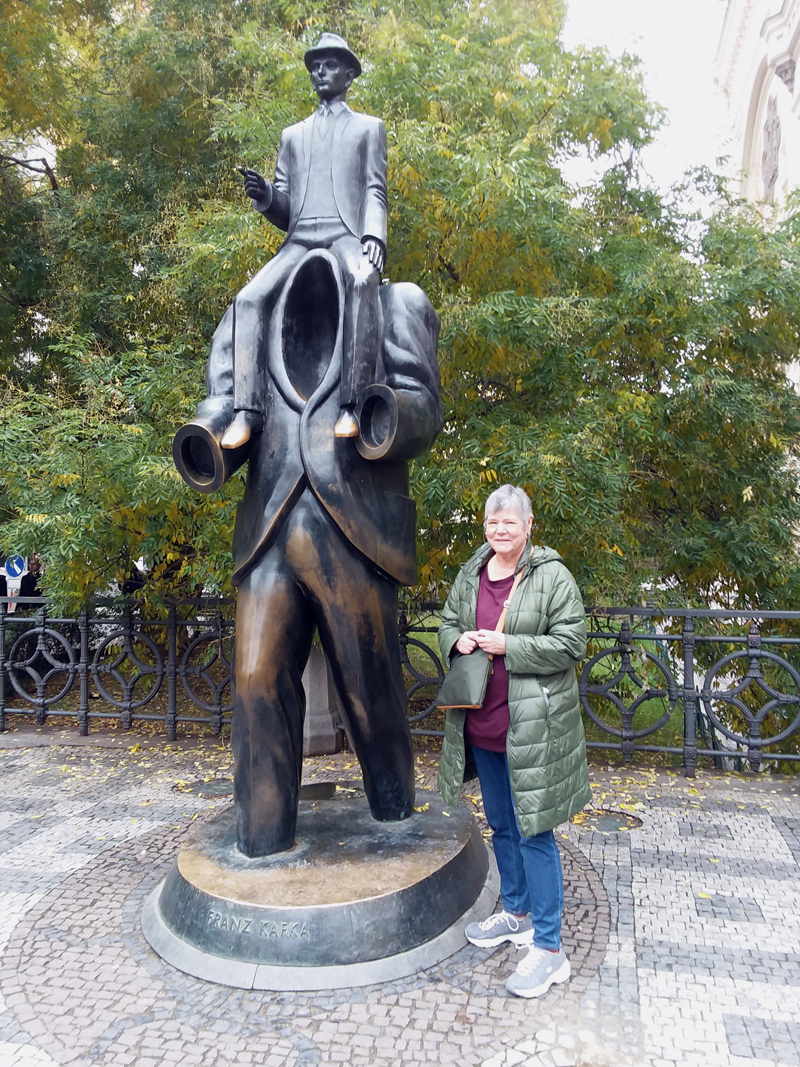 Pamela Gormley visits the Franz Kafka monument in Prague.