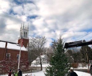 Volunteers help put up a large Christmas tree in Veterans Memorial Park in Newcastle on Saturday, Nov. 17.