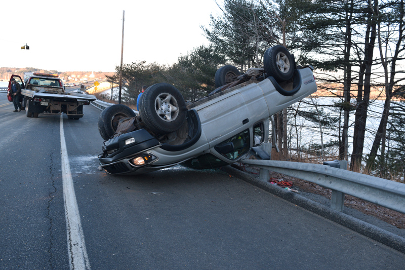 A 2004 Toyota Tacoma at rest on a guardrail on Route 1 in Edgecomb the morning of Monday, Dec. 10. The driver was not hurt, according to authorities. (Jessica Clifford photo)