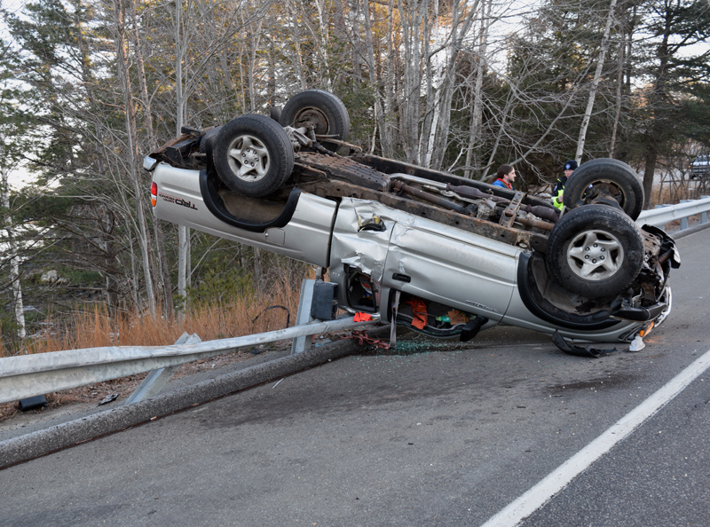 Black ice was a factor in a pickup rollover on Route 1 in Edgecomb the morning of Monday, Dec. 10, according to police. (Jessica Clifford photo)