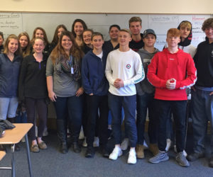 Maia Zewert, marketing and engagement coordinator for The Lincoln County News, poses for a photo with Mike Cherry's 10th-grade English class at Boothbay Region High School. During her visit, Zewert spoke about the newspaper and being a reporter.