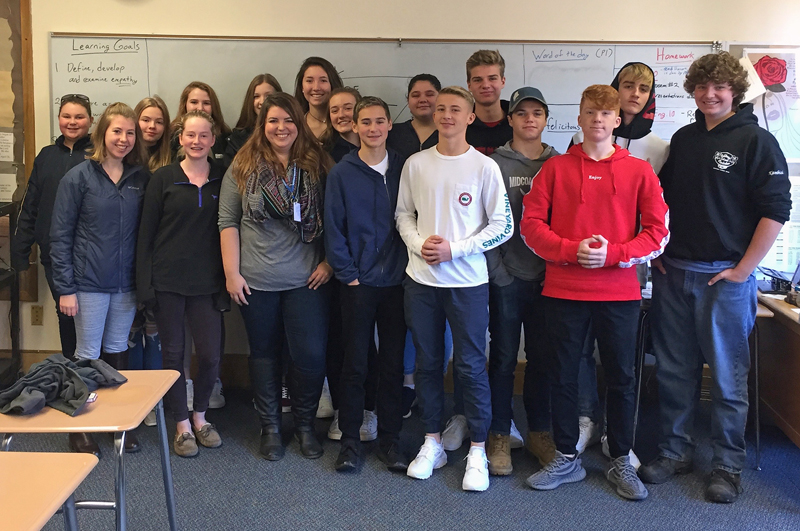 Maia Zewert, marketing and engagement coordinator for The Lincoln County News, poses for a photo with Mike Cherry's 10th-grade English class at Boothbay Region High School. During her visit, Zewert spoke about the newspaper and being a reporter.