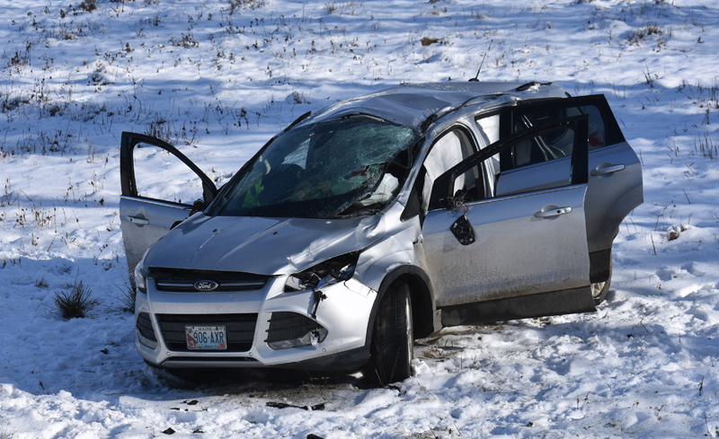 The driver of a 2014 Ford Escape SUV was injured in a single-vehicle rollover on East Pond Road in Nobleboro the morning of Tuesday, Dec. 18. (Alexander Violo photo)