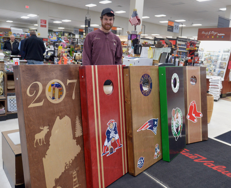 Sumner Averill, of Laid Back Lumber, has been making cornhole games for three years in Wiscasset. He sells them at the family business, Ames Supply in Wiscasset. (Paula Roberts photo)