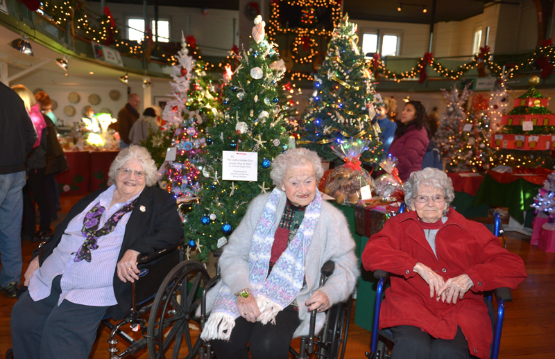 The St. Andrews Village "Golden Girls" sit in front of the tree they decorated for the Boothbay Region Garden Club's Festival of Trees at the Boothbay Harbor Opera House. (Paula Roberts photo)