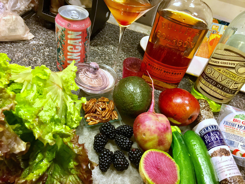 Mise en place for a gorgeous salad, with a Manhattan on the side. (Suzi Thayer photo)