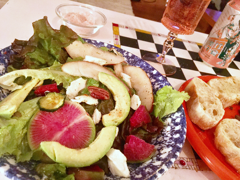 Mise en place for a gorgeous salad, with a Manhattan on the side. (Suzi Thayer photo)