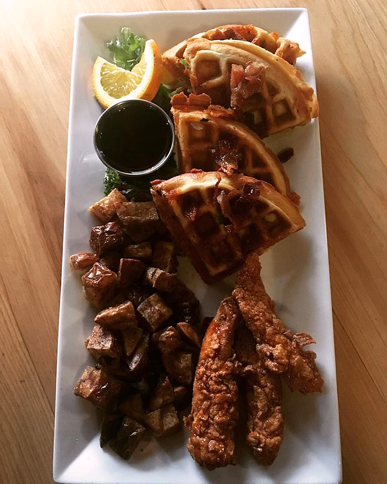 Fried chicken and waffles is a popular brunch dish at The Harbor Room in New Harbor.