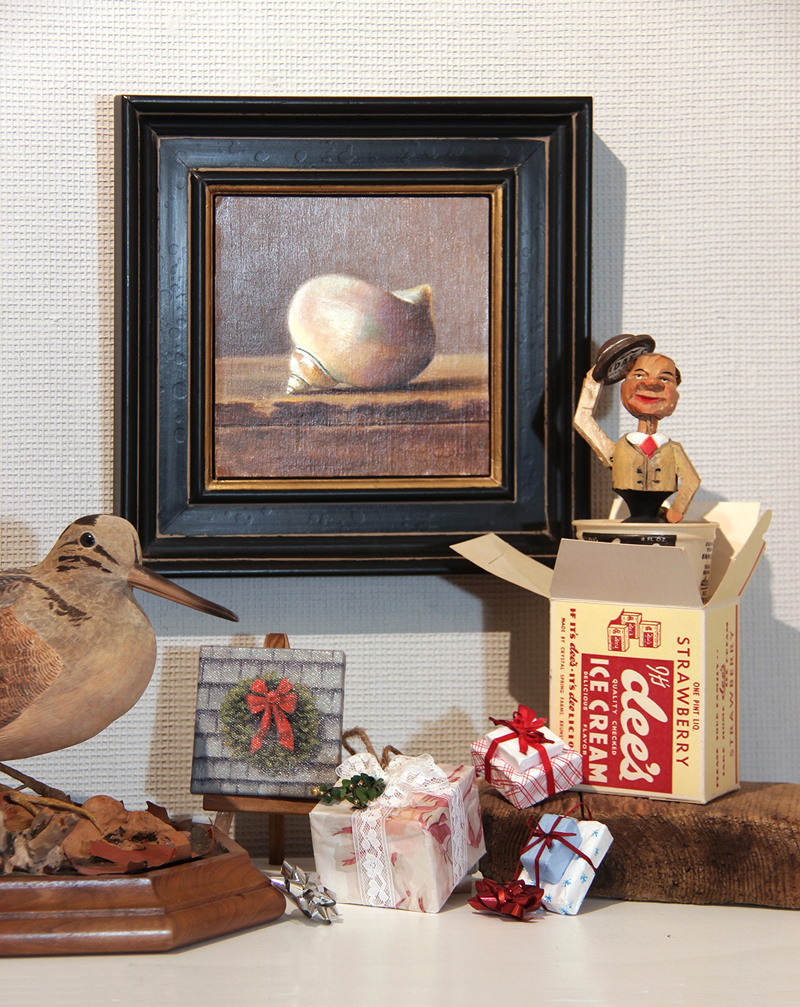 Tiny wrapped gifts for holiday trees by Justine Kefauver, assemblage by Barbara Bean, oils by Cecelia Cox, carvings by John D. McKinley, and miniature oils by Will Kefauver, are just some of the work available at the Kefauver Studio & Gallery.