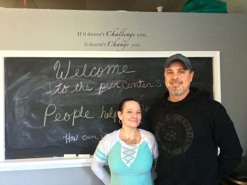 Dee Parkerson and Program Coordinator Adam Sterrs staff the new Boothbay Region Peer Center in Boothbay Harbor, along with Emily Carroll. The center offers recovery support to people with addiction. (Suzi Thayer photo)
