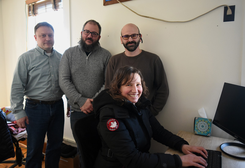 From left: Midcoast CoWork members Erik Mitchell, Jesse Butler, Brian Withers, and Katy Sato-Papagiannis in their downtown office space Friday, Jan. 11. (Jessica Picard photo)