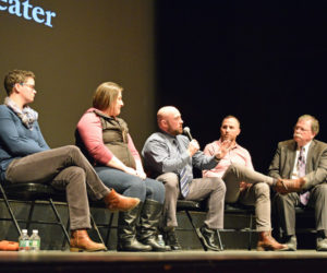 Damariscotta Police Chief Jason Warlick (center) speaks during a community discussion about the opioid crisis at the Lincoln Theater in Damariscotta on Tuesday, Jan. 29. From left: panelists Dr. Catherine Cavanaugh, Amanda Welch, Warlick, Dr. Tim Fox, and Don Carrigan. (Jessica Clifford photo)