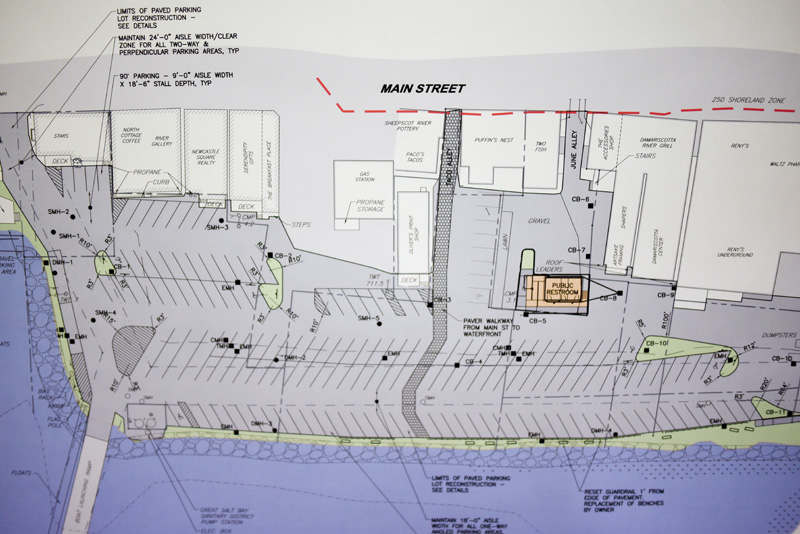 A diagram shows potential changes to Damariscotta's municipal parking lot, including a pedestrian walkway from Main Street to Riverside Park. (Jessica Picard photo)