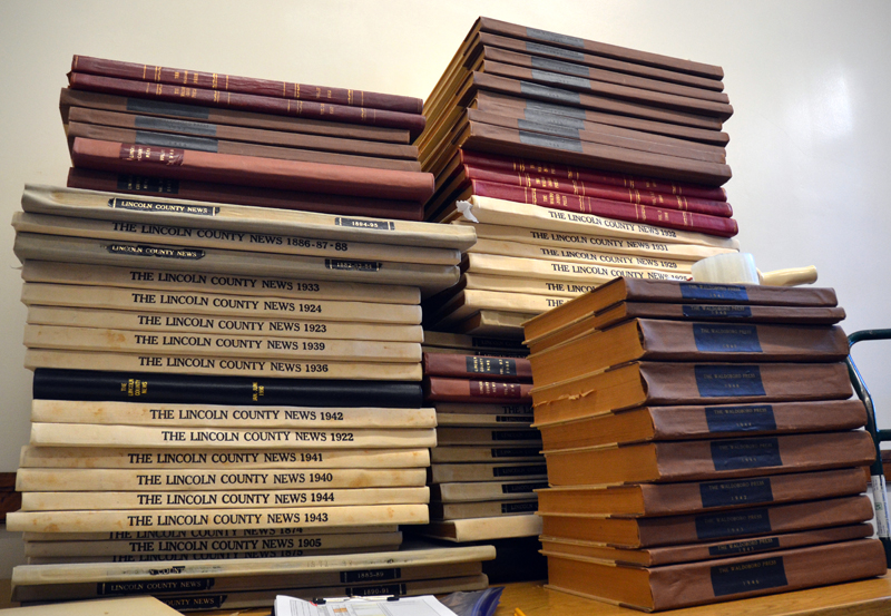 Stacks of bound archives of The Lincoln County News and some of its predecessors. (Maia Zewert photo)