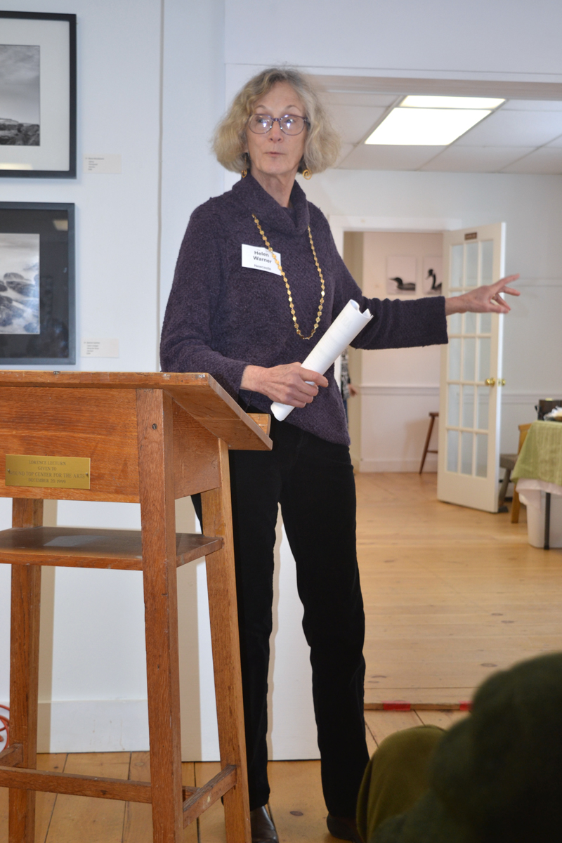 Newcastle artist Helen Warner addresses attendees at the 2019 Maine Arts Iditarod in Damariscotta. (Christine LaPado-Breglia photo)