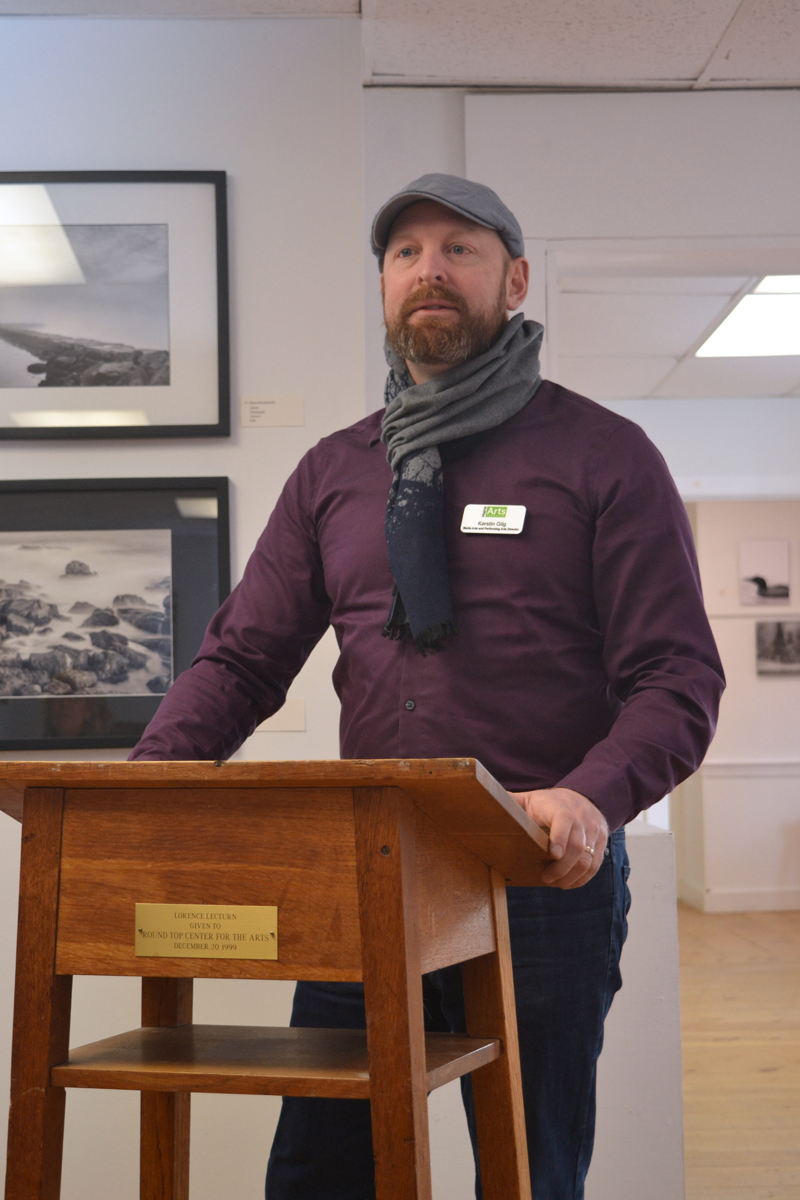 Kerstin Gilg, director of grants and accessibility at the Maine Arts Commission, speaks on the topic of grant funding for artists and art organizations at the 2019 Maine Arts Iditarod in Damariscotta. (Christine LaPado-Breglia photo)