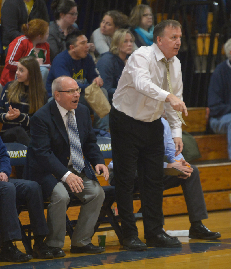 Volunteer assistant Jim Graffam and head Medomak Valley boys basketball coach Nick DePatsy react to a Panther play. (Paula Roberts photo)