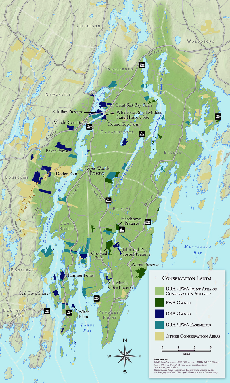 A map of the greater Pemaquid Peninsula, showing properties owned, managed, and conserved by DRA and PWA, as well as the two organizationsÂ’ joint area of conservation activity, shaded in green.