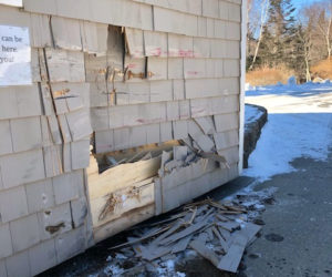 Damage to the side of the ticket booth at Pemaquid Lighthouse Park. (Photo courtesy Bristol Parks and Recreation)