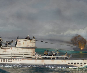A German U-boat makes a surface attack on an armed Allied merchantman during World War II in a diorama by Ed Strausberg. (Jack Lane photo/courtesy Ed Strausberg)