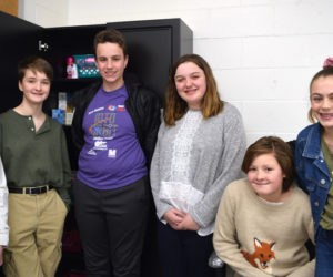 Members of the Great Salt Bay Community School Student Council stand around the "comfort closet," their effort to provide hygiene items and snacks to students in need. From left: Joseph Krawic, Ava Nery, Connor Parson, Olivia Swartzentruber, Lydia Branson, and Mariana Janik. Members absent from the photo are Aiden Jacobs, Liam Card, Michaela LaCrosse, and Aleshia Alicea. (Jessica Clifford photo)