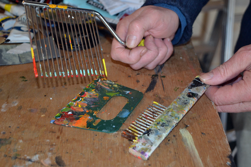 Some of the tools used by Jaap Eduard Helder to achieve the textures he often incorporates into his paintings. (Christine LaPado-Breglia photo)