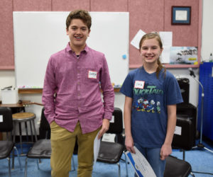 Bristol Consolidated School eighth-grader Harrison Pierpan and Jefferson Village School sixth-grader Clara Waldrop came in first and second place, respectively, at the Lincoln County Spelling Bee on Tuesday, Feb. 12. (Jessica Picard photo)