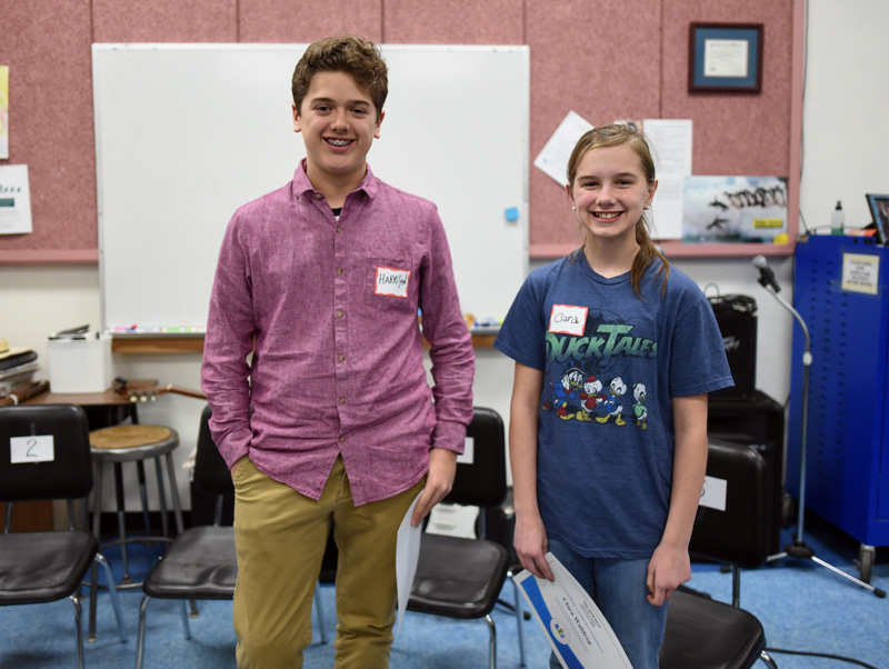 Bristol Consolidated School eighth-grader Harrison Pierpan and Jefferson Village School sixth-grader Clara Waldrop came in first and second place, respectively, at the Lincoln County Spelling Bee on Tuesday, Feb. 12. (Jessica Picard photo)