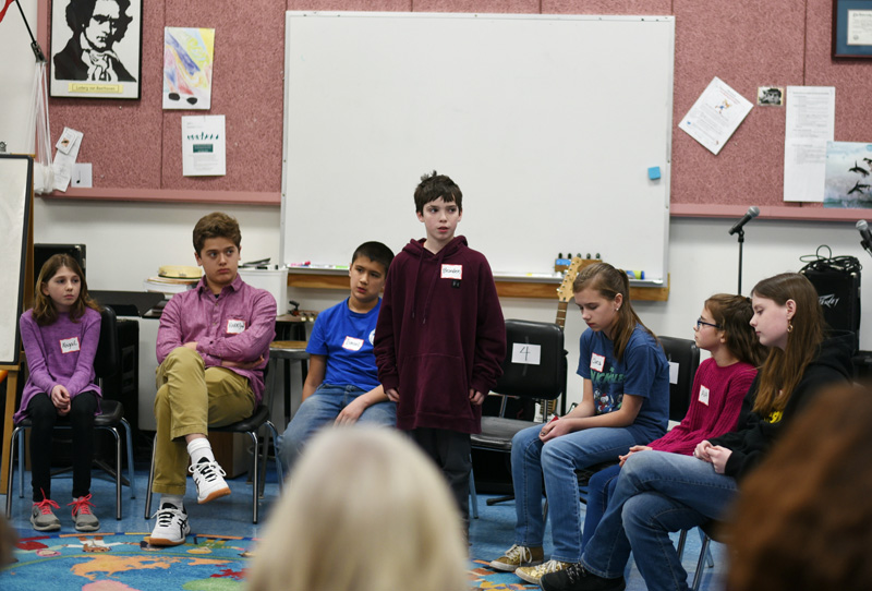 South Bristol School fifth-grader Brandon Smith spells a word during the Lincoln County Spelling Bee at Bristol Consolidated School on Tuesday, Feb. 12. (Jessica Picard photo)