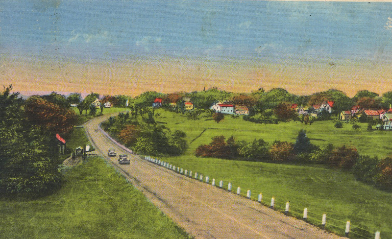 The new Route 1 bypass that went up by the Damariscotta Baptist Church and through the meadow and up the hill and across School Street around 1932. (Postcard from Marjorie and Calvin Dodge collection)