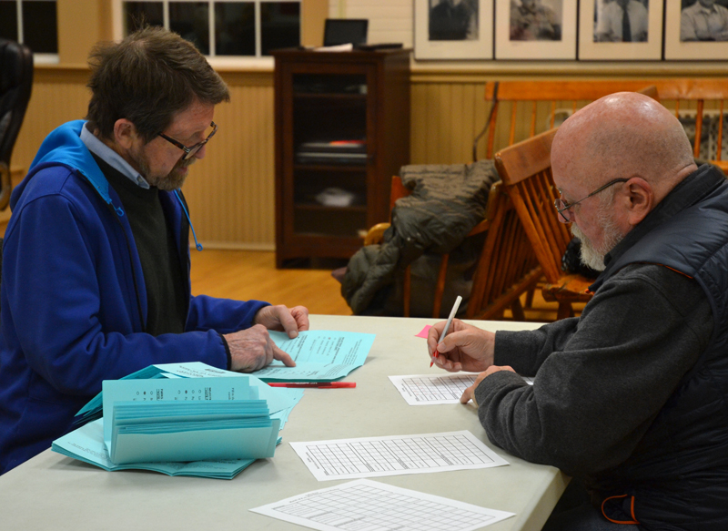 Alden Sproul (left) and Kenneth Frederic count ballots cast in the Bristol election the evening of Monday, March 18. (Maia Zewert photo)