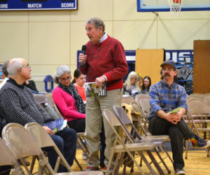 Bristol School Committee Chair Dave Kolodin speaks about the education budget during the annual town meeting on Tuesday, March 19. (Maia Zewert photo)