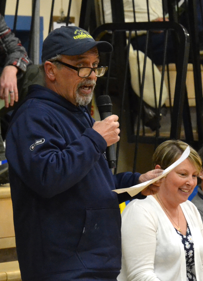 Marvin Farrin speaks about the proposed softball field during the Bristol annual town meeting at Bristol Consolidated School on Tuesday, March 19. (Maia Zewert photo)