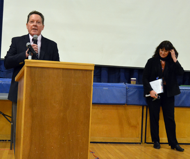 AOS 93 Superintendent Dr. Craig Jurgensen introduces Maine Commissioner of Education Pender Makin at Great Salt Bay Community School on Friday, March 15. (Maia Zewert photo)