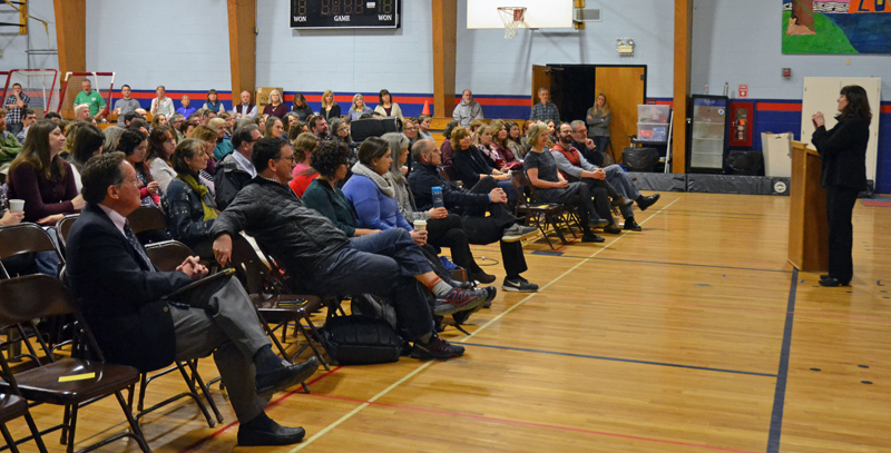 Maine Commissioner of Education Pender Makin addresses faculty and staff from AOS 93 and Lincoln Academy at Great Salt Bay Community School in Damariscotta on Friday, March 15. (Maia Zewert photo)