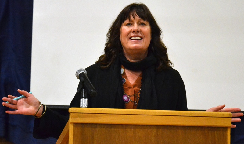 Maine Commissioner of Education Pender Makin speaks to faculty and staff from AOS 93 and Lincoln Academy during a professional development day at Great Salt Bay Community School in Damariscotta on Friday, March 15. (Maia Zewert photo)