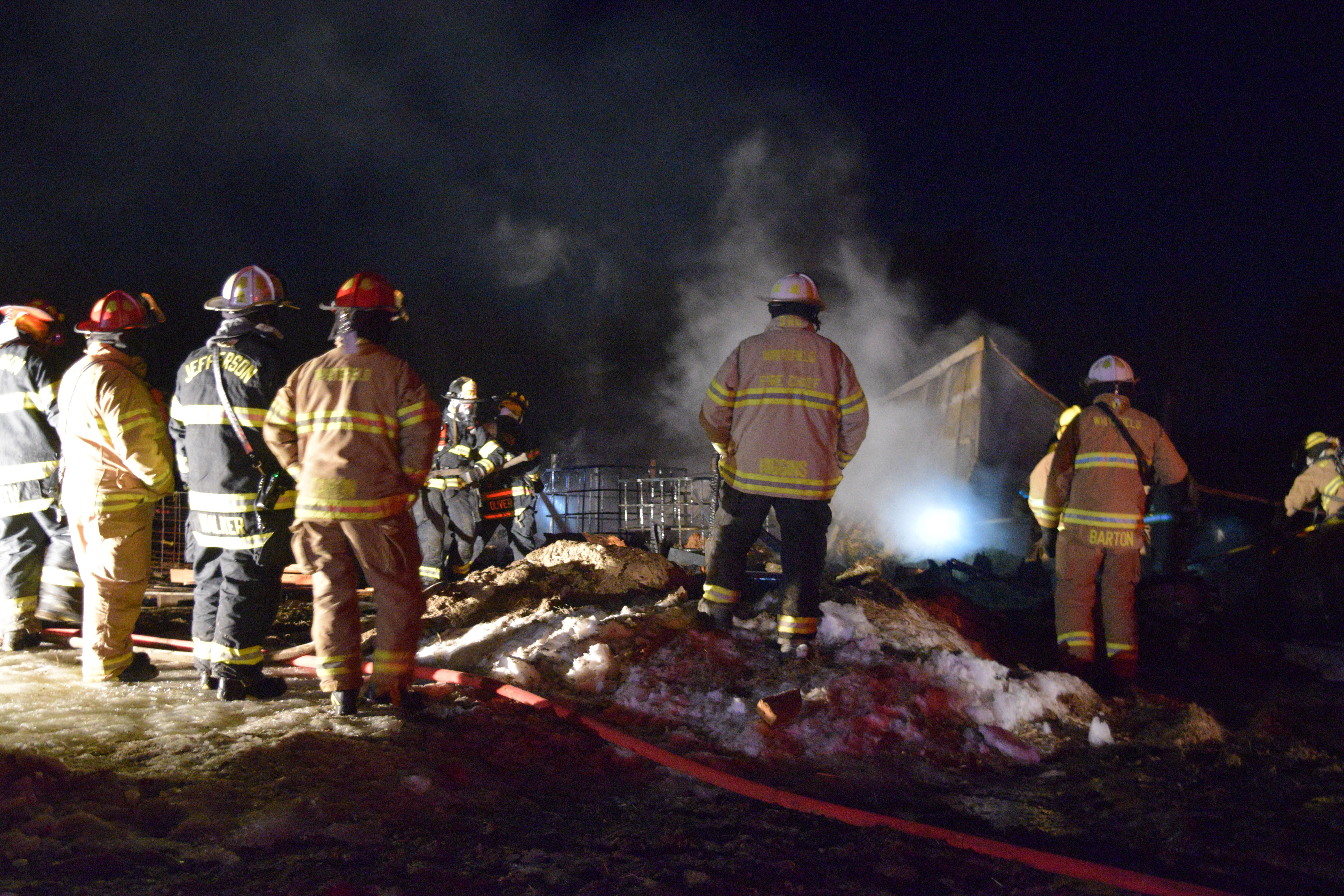 Area firefighters on scene of a barn fire in Jefferson on the night of Sunday, March 17. Farm animals died as a result of the blaze. (Jessica Clifford photo)