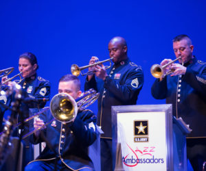 From left: U.S. Army Jazz Ambassadors members Staff Sgt. Matt Corrigan, trombone; Master Sgt. Liesl Whitaker, trumpet; Staff Sgt. Sean Casey, bass trombone; Staff Sgt. Thomas Davis, trumpet; and Master Sgt. John Altman, trumpet. (Photo courtesy Jared Morgan)