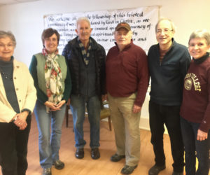 From left: Volunteers at the Ecumenical Food Pantry include board President Carol Hartman; Char Corbett, pastor of The Second Congregational Church in Newcastle, which hosts the pantry; Terry Reddy; Paul Tenan; co-manager Mike Westcott; and co-manager Linda Sandefur. (Suzi Thayer photo)