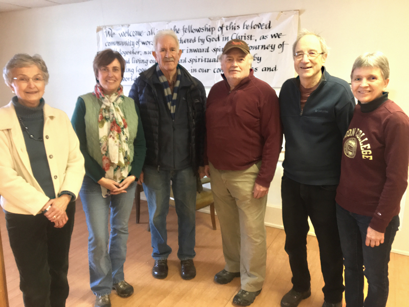 From left: Volunteers at the Ecumenical Food Pantry include board President Carol Hartman; Char Corbett, pastor of The Second Congregational Church in Newcastle, which hosts the pantry; Terry Reddy; Paul Tenan; co-manager Mike Westcott; and co-manager Linda Sandefur. (Suzi Thayer photo)