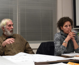 Newcastle Planning Board Vice Chair Rem Briggs speaks on the Post family's request to amend a 2017 building permit while board Chair Bonnie Stone looks on during a board meeting at the fire station Thurday, March 21. (Jessica Clifford photo)