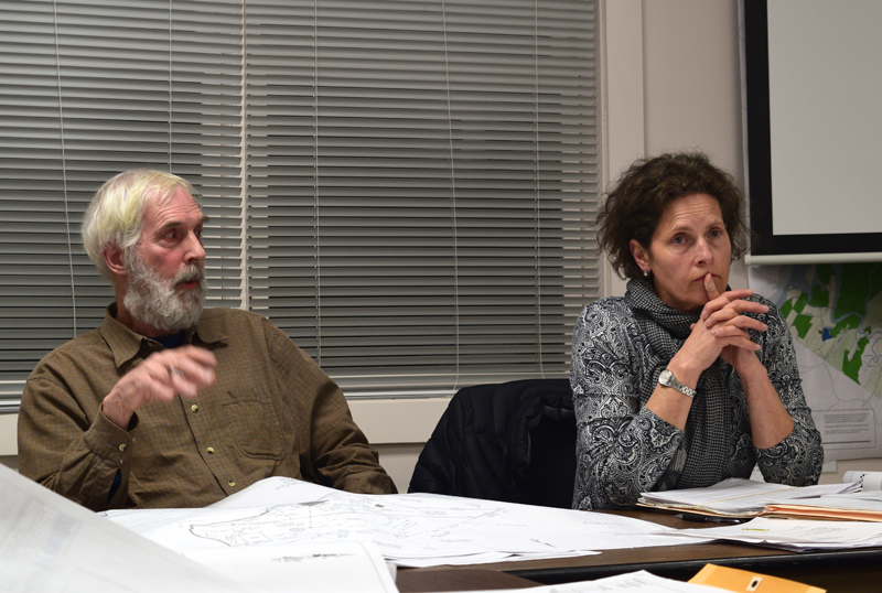 Newcastle Planning Board Vice Chair Rem Briggs speaks on the Post family's request to amend a 2017 building permit while board Chair Bonnie Stone looks on during a board meeting at the fire station Thurday, March 21. (Jessica Clifford photo)