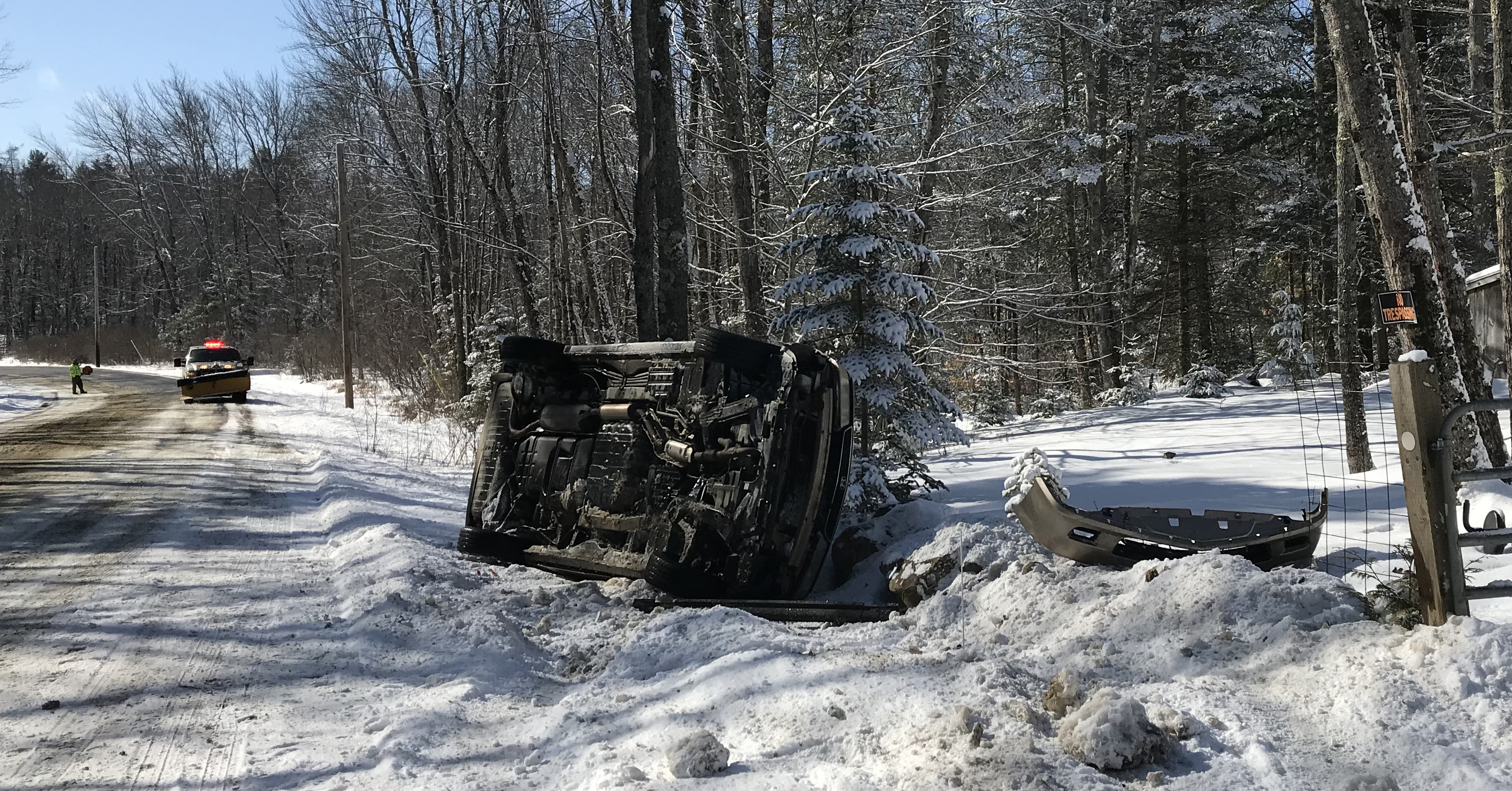 A 2001 Honda Odyssey rests on its side after a single-vehicle accident on East Pond Road in Nobleboro the morning of Sunday, March 3. There were no injuries, according to the Lincoln County Sheriff's Office.