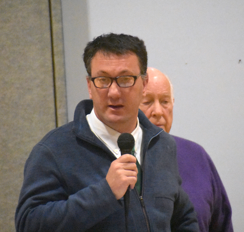 Nobleboro Central School Principal Martin Mackey talks about the budget for facilities maintenance during town meeting in the school gym Saturday, March 16. (Alexander Violo photo)