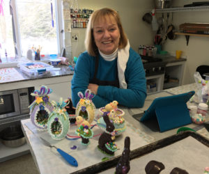 Kahren Hayward in her confectionery studio in Waldoboro. (Suzi Thayer photo)