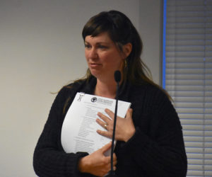 Sarah McNeil, of Odd Alewives Farm Brewery, presents the brewery's plans to add a small commercial kitchen with a pizza oven to the Waldoboro Planning Board. (Alexander Violo photo)