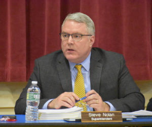 RSU 40 Superintendent Steve Nolan speaks on the school district's budget during a budget committee meeting at Prescott Memorial School in Washington on Monday, March 25. (Alexander Violo photo)