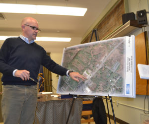Matt Casey, of Zaremba Program Development LLC, presents plans for a Dollar General store at 277-279 Bath Road during a public hearing at the town office Monday, March 11. The board approved the project. (Charlotte Boynton photo)