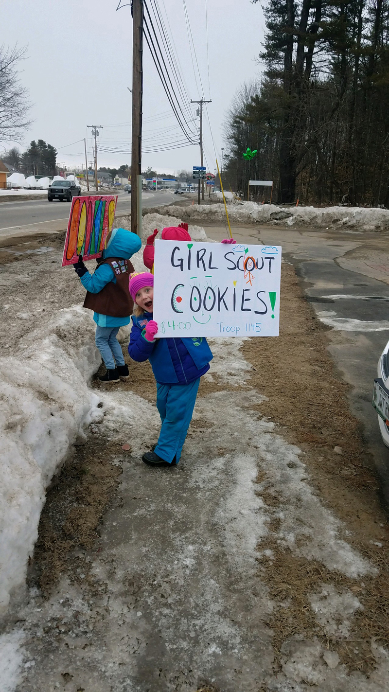 A member of Daisy and Brownie Girl Scout Troop No. 1145 sells cookies.