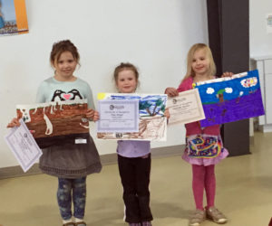 From left: Knox-Lincoln Soil & Water Conservation District poster contest classroom winners Helena B. and Sabrina S., and honorable mention recipient Tabitha M.